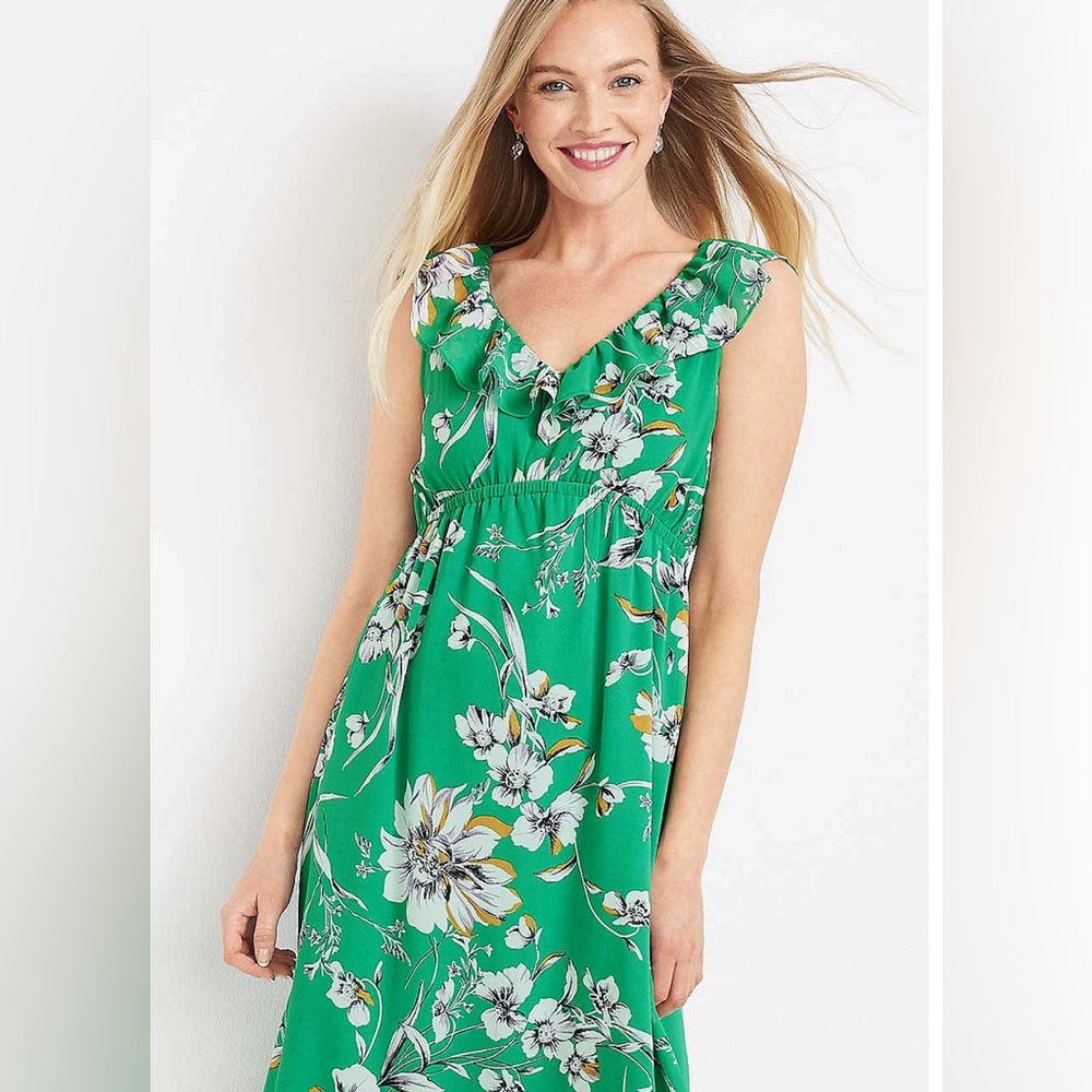 Maurice’s Sz M Floral Ruffle Trim Midi Dress green